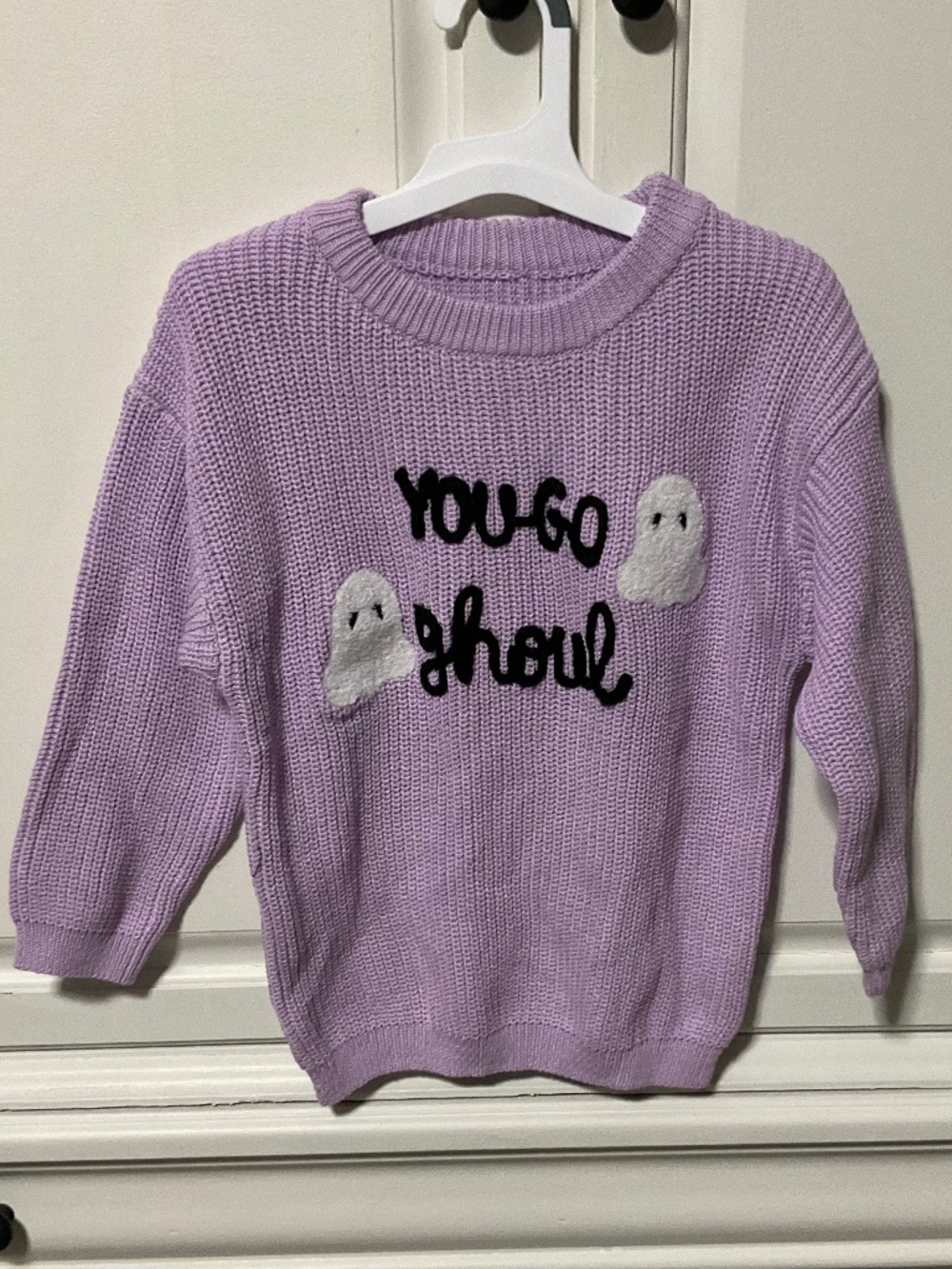 Toddler 4T pastel purple knit sweater with ghosts & You-Go-Ghoul embroidered New